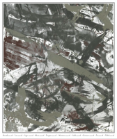 An abstract, gestural drawing in neutral tones, with the names of metal elements at the bottom of the page.
