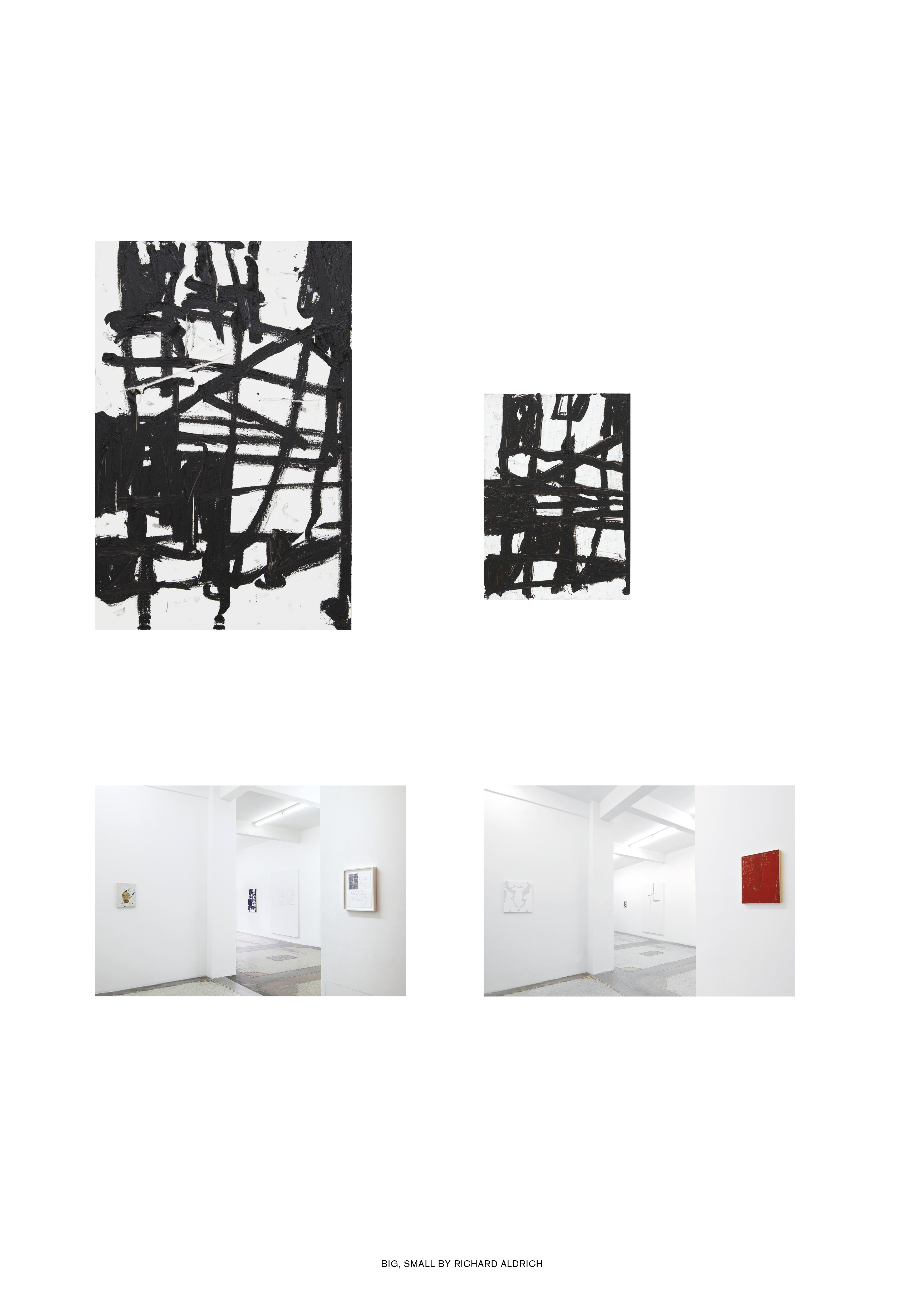 A composition of four images, showing two detail views of a black and white painting, and two installation views of a white-walled gallery.