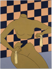 A graphic illustration of a headless female mannequin is seated against a checkered background. Her arms suggest the motion of tightening a sash around her waist, but the implied fabric around her body is missing from the image, leaving an empty space that divides her body in two halves.