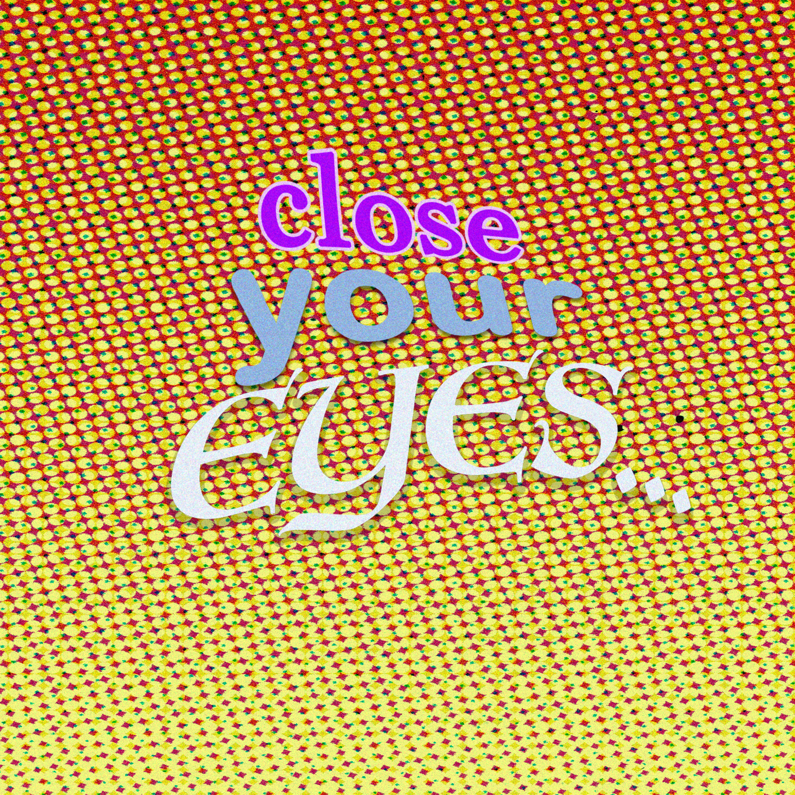 A dense graphic background of yellow circles and green dots on red ground is layered with text that reads 