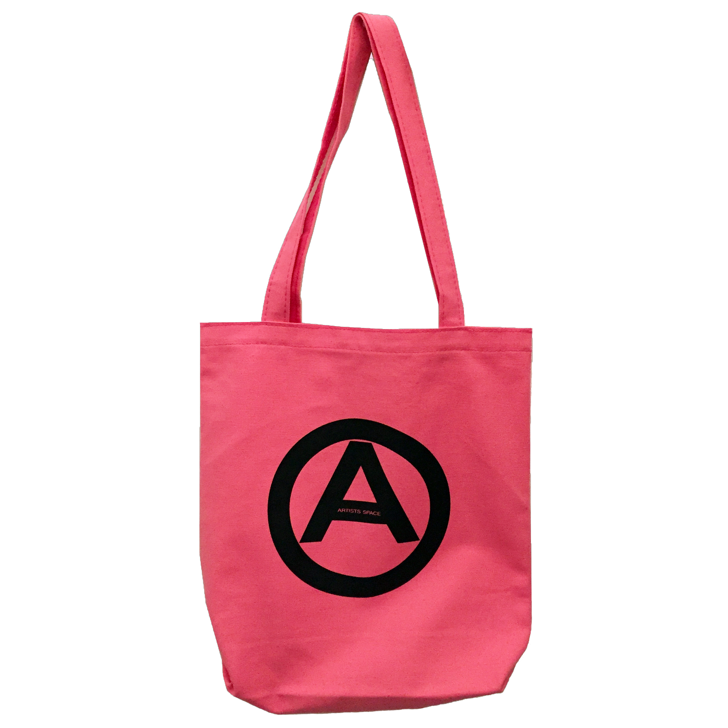 A pink tote bag with the black Louise Lawler-designed Artists Space logo in the middle - A black circle around a black 