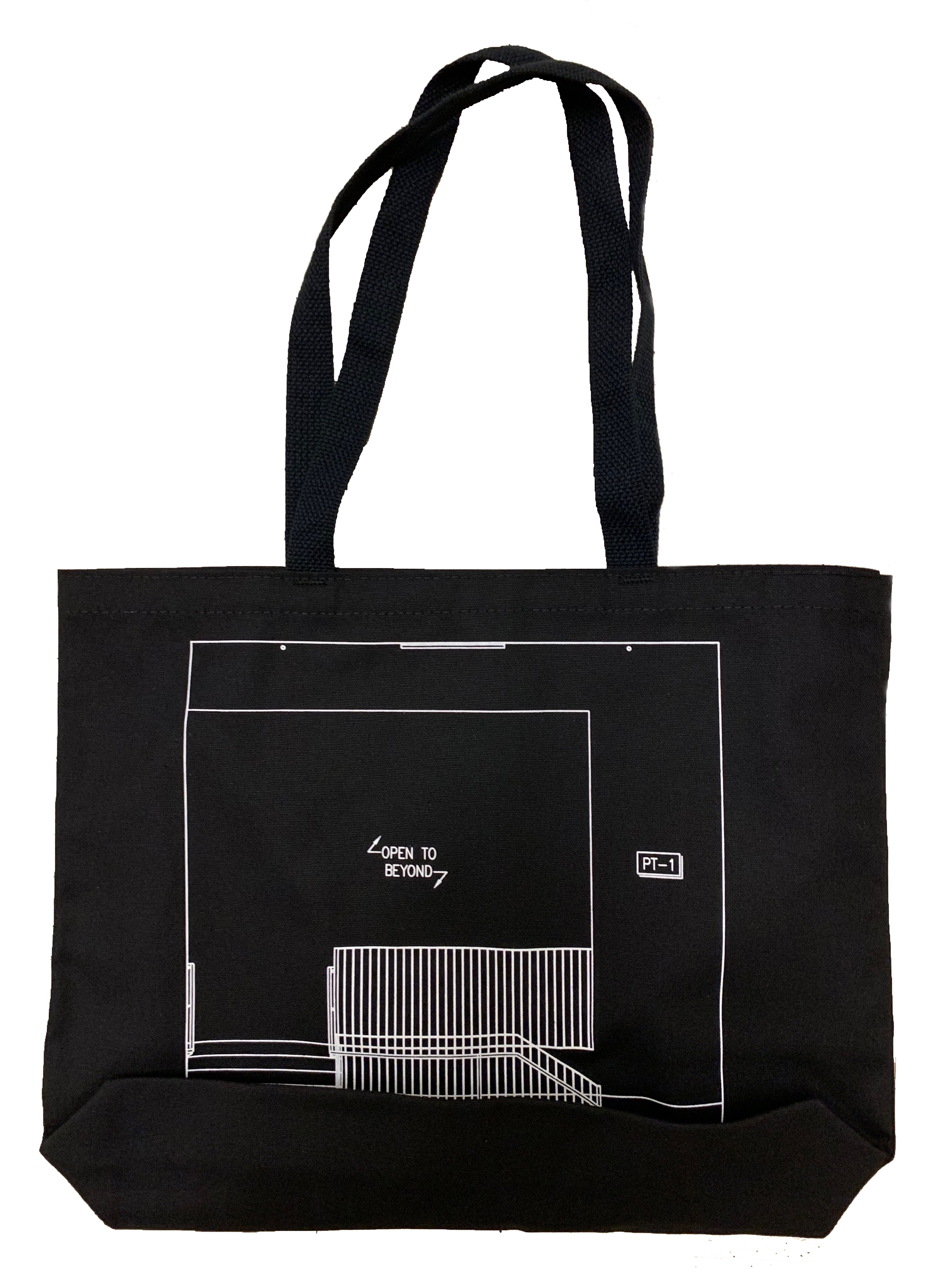 A black tote bag against a white background. Small white, all-caps sans-serif text in the middle states 