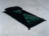 The image shows a rectangular bed-like cushion with a black pillow that lays diagonally across the image patterned with two green and two black triangles of fabric.