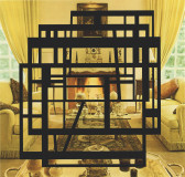 The photograph shows an ornate room decorated symmetrically with couches on the left and right of the image and a fireplace at the back flanked by two windows. Overlayed on top of the image is a series of black squares and rectangles that overlap each other.