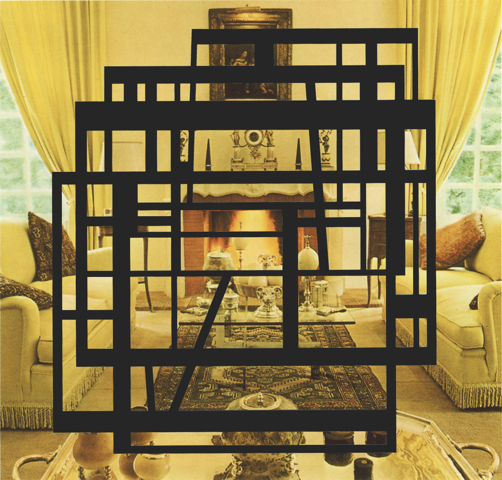 The photograph shows an ornate room decorated symmetrically with couches on the left and right of the image and a fireplace at the back flanked by two windows. Overlayed on top of the image is a series of black squares and rectangles that overlap each other.