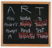 A black chalk board displays various words written in white chalk. The word 