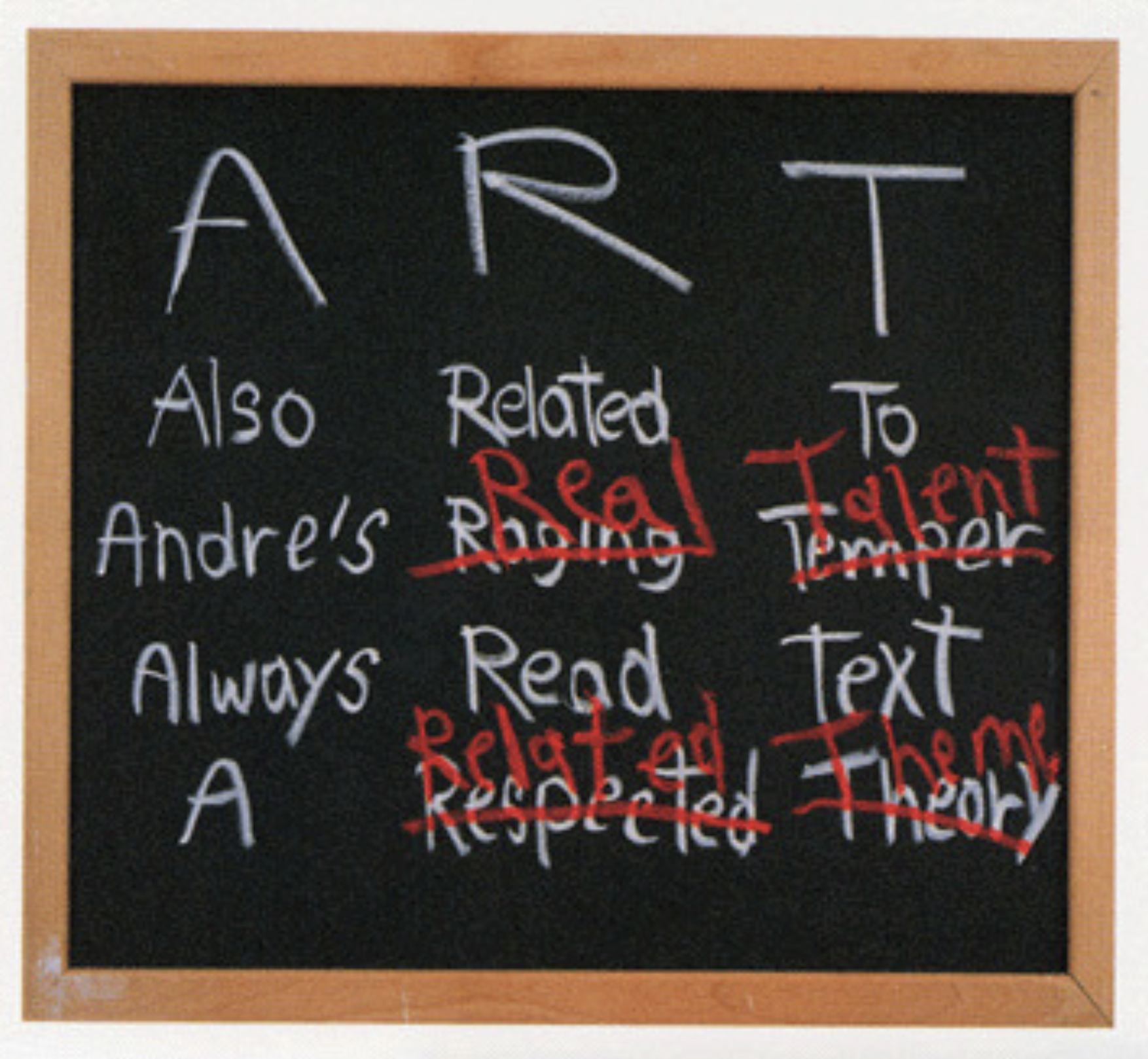 A black chalk board displays various words written in white chalk. The word 