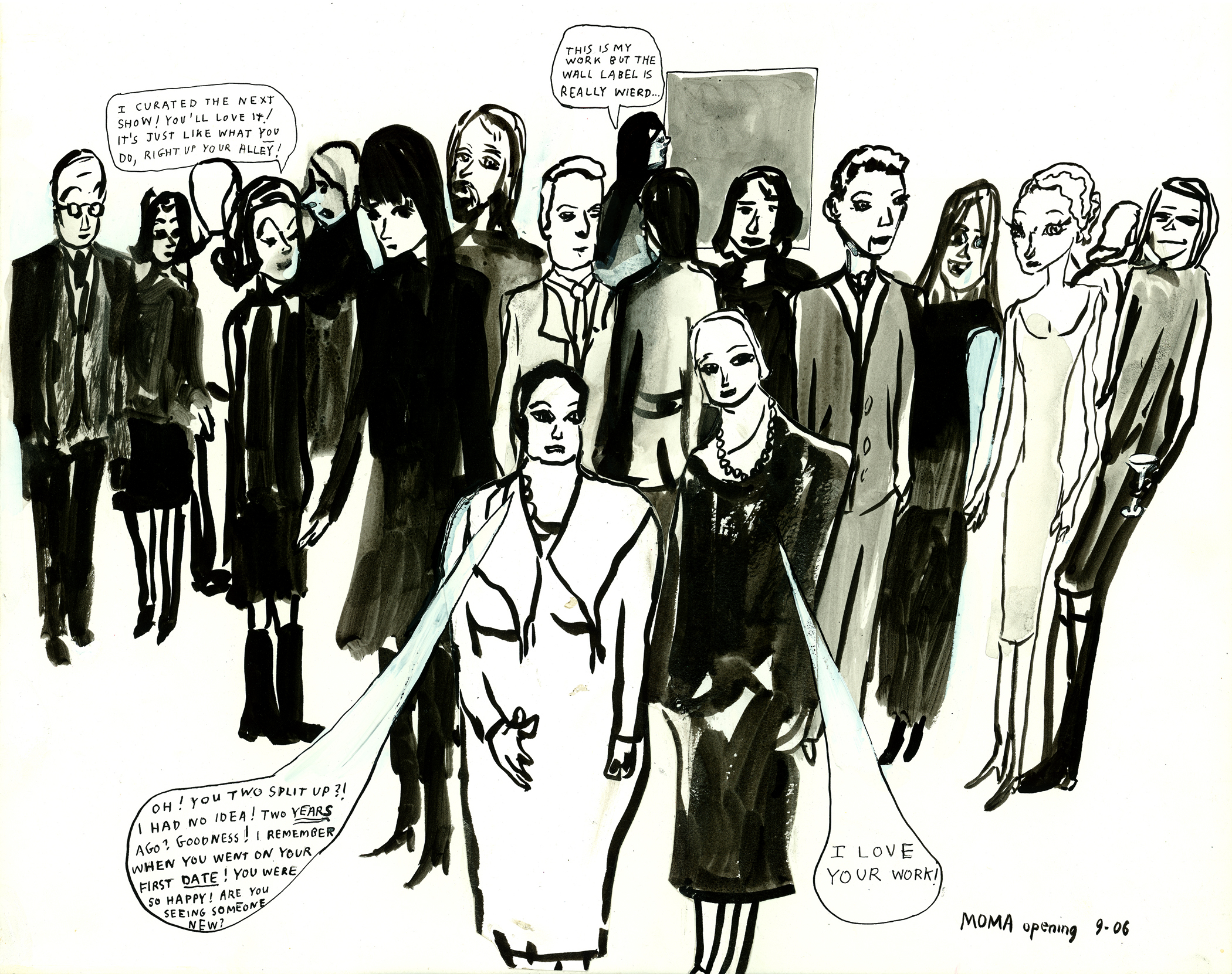 The image shows a crowd of figures drawn with black ink. Four text bubbles project from the crowd that read: [top left] 
