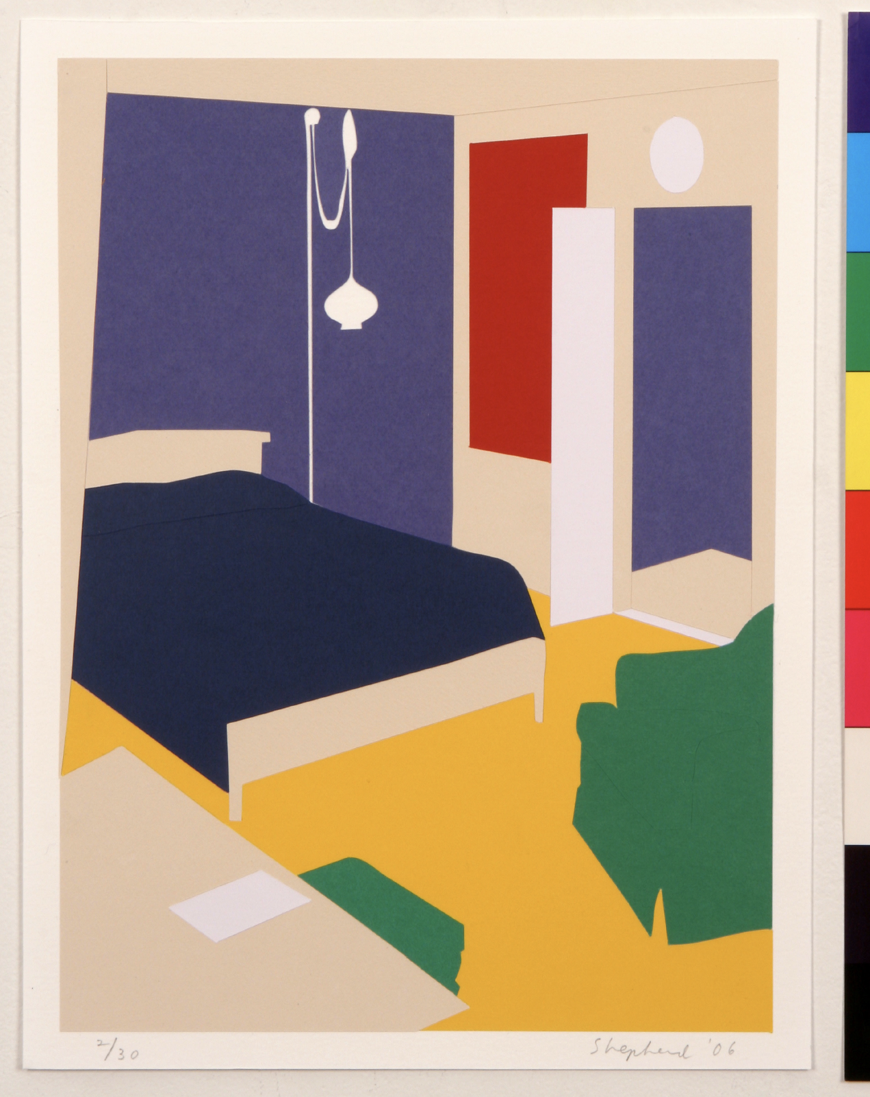 The image shows a cut paper collage that uses saturated color blocks to define the architecture of a bedroom, including a bed, desk, reclining chair, and other abstracted shapes and figures.