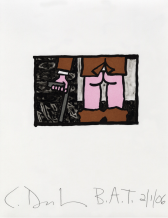 A small rectangle outlined in a thick black border sits inside the larger rectangle of the paper. The interior rectangle contains a cropped image of a pink colored man with his pants pulled down. In his right hand he holds a gun, pointing towards the ground against a washy abstracted black background.