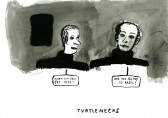 The busts of two figures are drawn in black ink in front of a grey background. Below each figure is a text bubble that read: [below figure on left] 