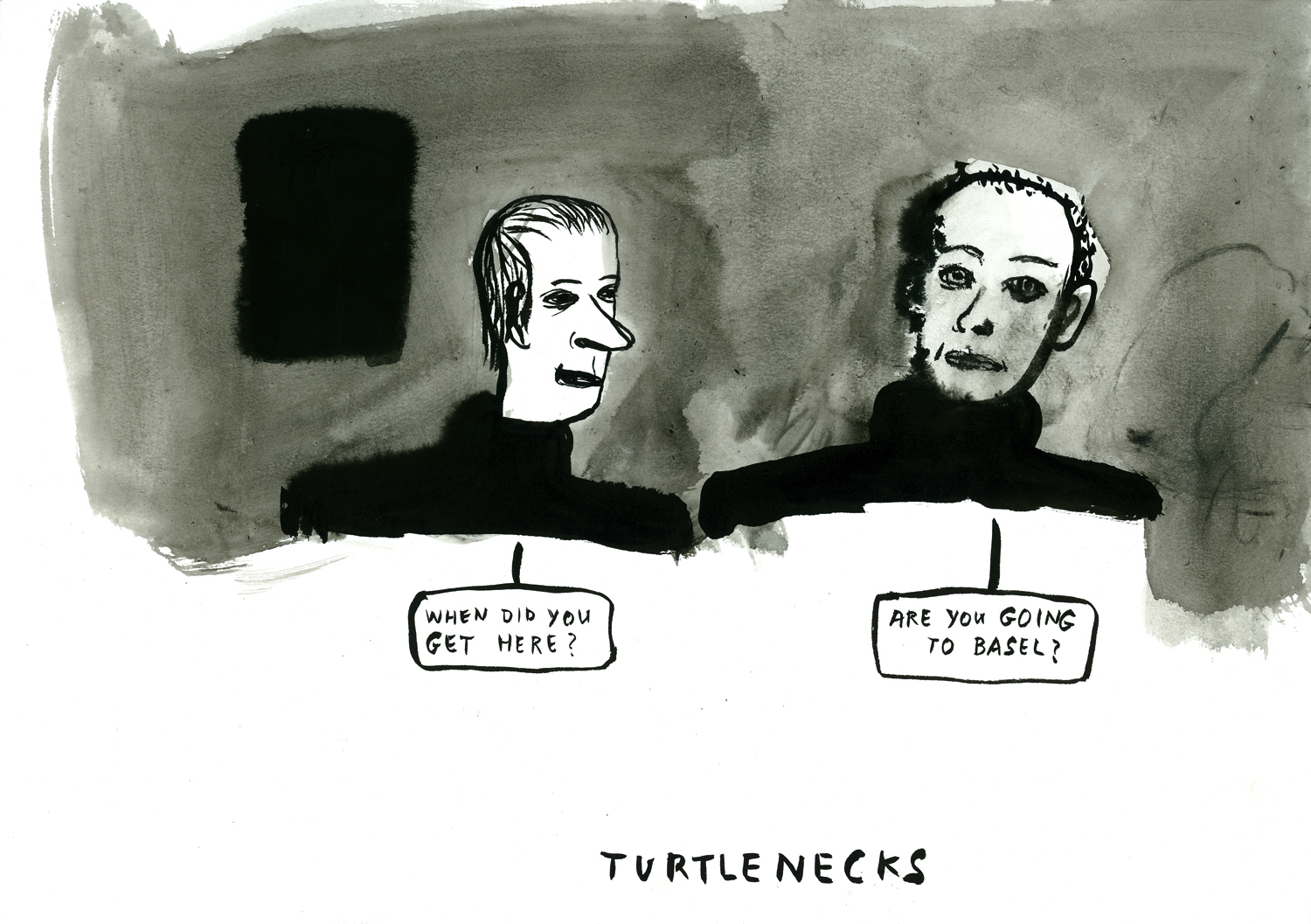 The busts of two figures are drawn in black ink in front of a grey background. Below each figure is a text bubble that read: [below figure on left] 