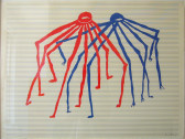 Two red and blue spidery forms interlace, floating in the center of the page atop a blank sheet of staff paper.