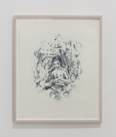 A wood framed drawing hangs on a wall. The pencil drawing depicts a youthful figure at the center of the page with abstract pencil markings surrounding them.