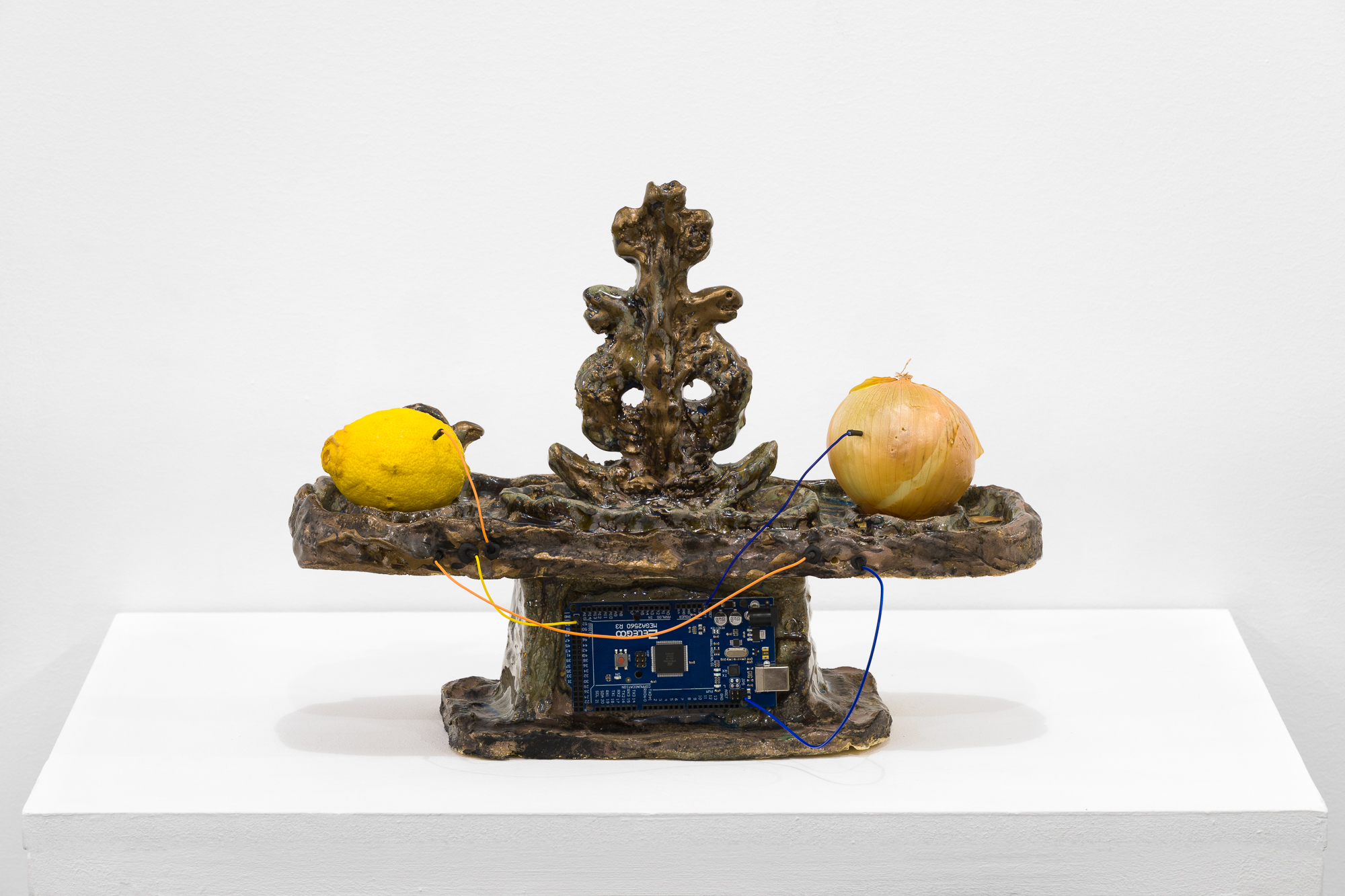 A brown object stands on a white base. On the flat surface of the object, an onion and a lemon are connected by a wire. In the base of the object, a processing chip is embedded.