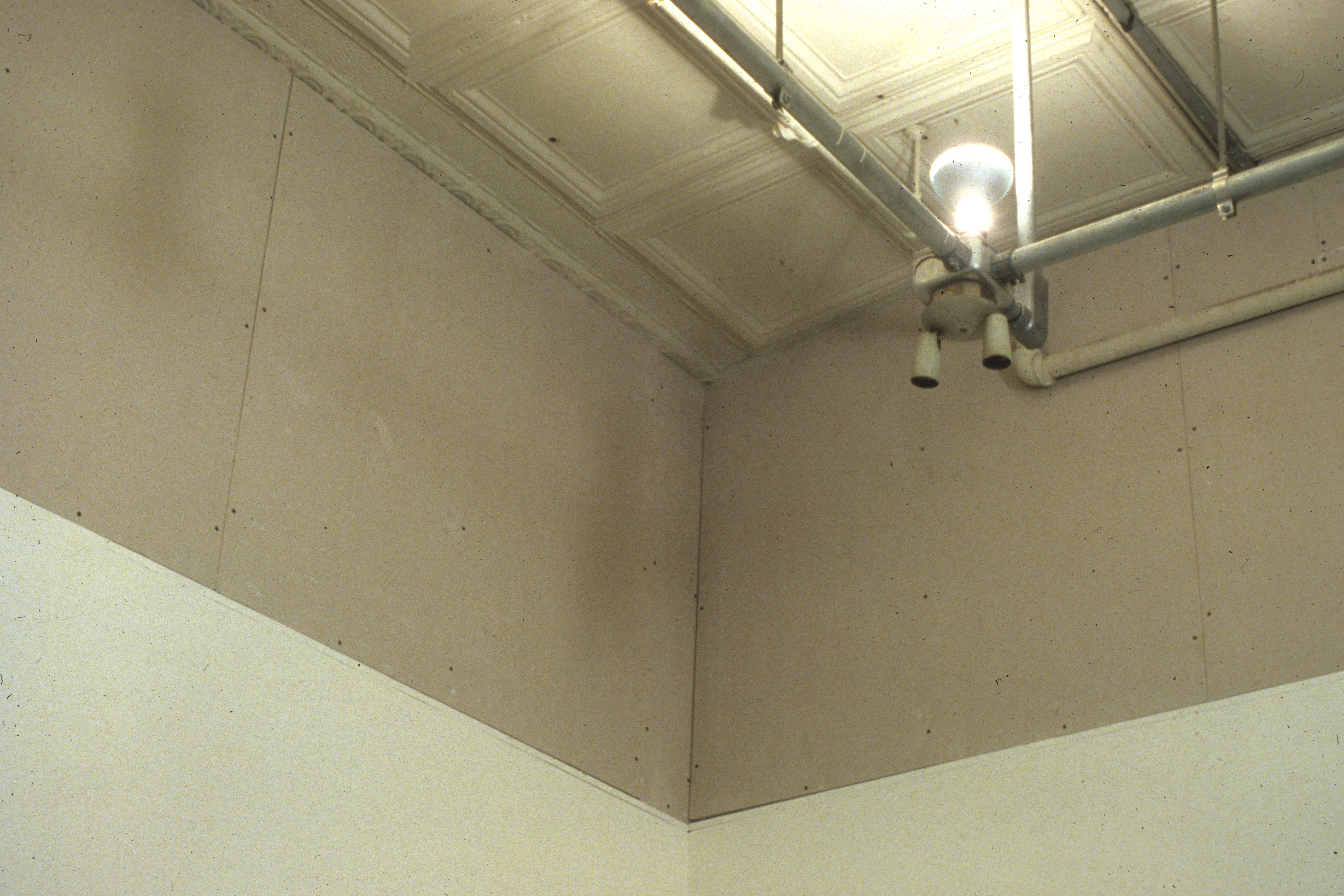 In the corner of a room, close to the ceiling, is an industrial light fixture. The lightbulb is on and faces up towards the ceiling.