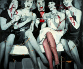 A black and white paintng of a group of individuals in party attire, multiple accents of red are placed throughout the painting.
