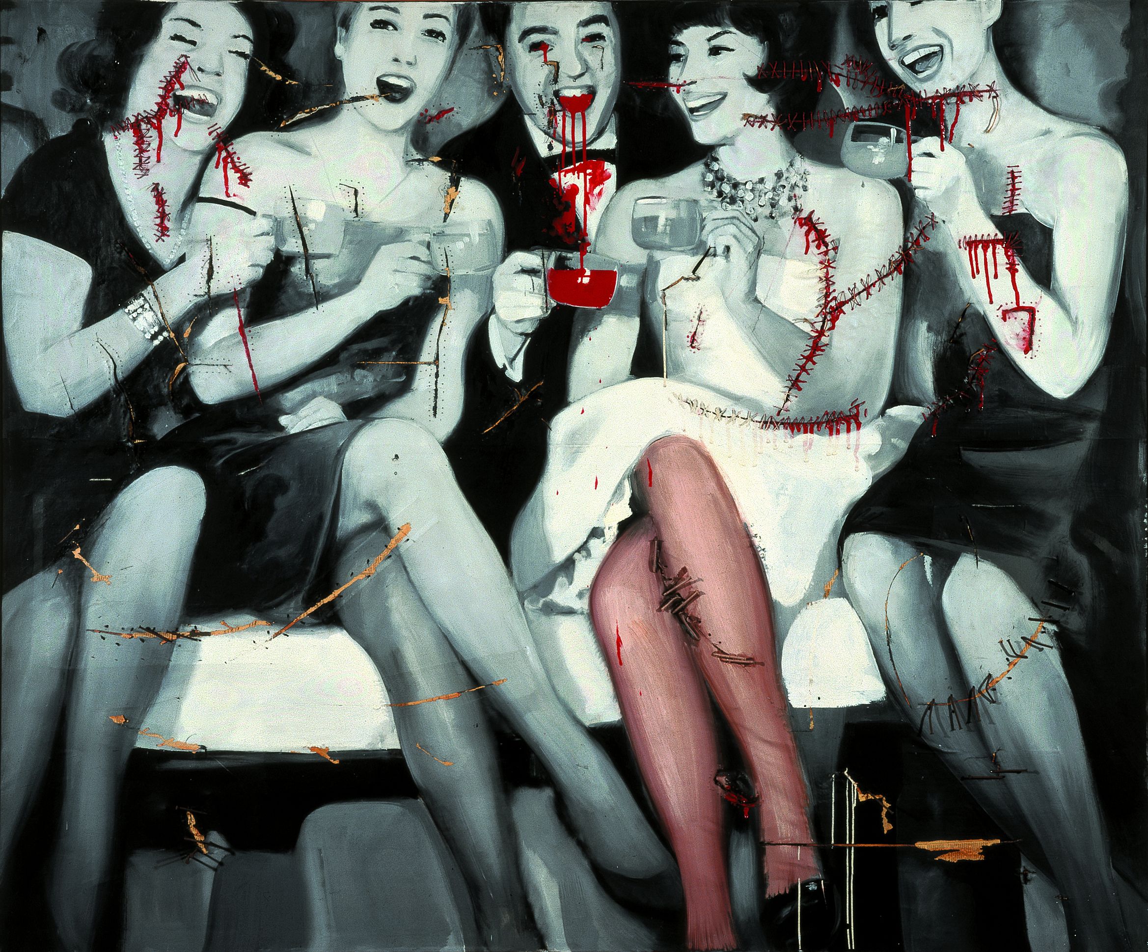A black and white paintng of a group of individuals in party attire, multiple accents of red are placed throughout the painting.